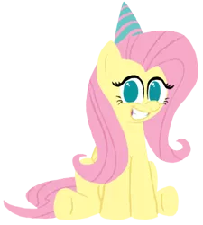 Size: 417x463 | Tagged: safe, artist:ponett, derpibooru import, fluttershy, pegasus, pony, female, hat, mare, open mouth, party hat, simple background, sitting, smiling, solo, transparent background