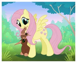 Size: 700x567 | Tagged: safe, artist:dolphydolphiana, derpibooru import, fluttershy, bird, kiwi, pegasus, pony, cute, eyes closed, female, grass, grin, mare, nature, nuzzling, smiling, spread wings, tree