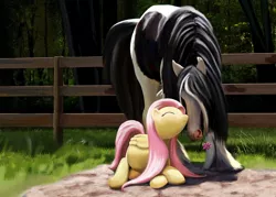 Size: 1200x857 | Tagged: artist:lostdragon01, cute, derpibooru import, eyes closed, female, flower, fluttershy, gypsy vanner, horse, horse-pony interaction, male, nuzzling, oc, pregnant, prone, safe, shipping, smiling, straight