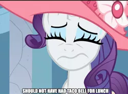 Size: 822x609 | Tagged: safe, derpibooru import, edit, edited screencap, screencap, rarity, pony, unicorn, sweet and elite, caption, female, hat, indigestion, mare, out of context, solo