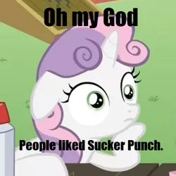 Size: 500x500 | Tagged: derpibooru import, edit, edited screencap, meta, obligatory pony, ponyville confidential, safe, screencap, seriously, sucker punch, sudden clarity sweetie belle, sweetie belle