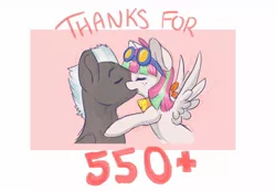 Size: 1280x890 | Tagged: artist:indiefoxtail, ask, ask blossomforth, bandana, blossomforth, blossomlane, cute, derpibooru import, eyes closed, female, goggles, kissing, male, safe, shipping, smiling, spread wings, straight, thank you, thunderlane, tumblr