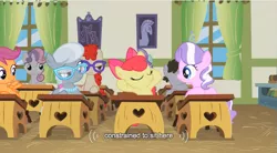 Size: 639x353 | Tagged: safe, derpibooru import, screencap, apple bloom, diamond tiara, princess celestia, scootaloo, silver spoon, sweetie belle, truffle shuffle, twist, earth pony, pony, family appreciation day, classroom, colt, male, meme, ponyville schoolhouse, youtube caption