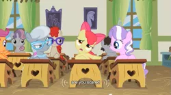 Size: 637x354 | Tagged: safe, derpibooru import, screencap, apple bloom, diamond tiara, princess celestia, scootaloo, silver spoon, sweetie belle, truffle shuffle, twist, earth pony, pony, family appreciation day, classroom, colt, male, meme, ponyville schoolhouse, youtube caption