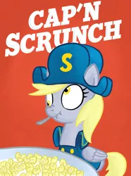 Size: 748x1003 | Tagged: safe, artist:derkrazykraut, derpibooru import, derpy hooves, pegasus, pony, cap'n crunch, captain crunch, cereal, derpy crunch, female, mare, parody, scrunchy face, solo