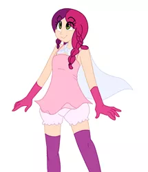 Size: 556x648 | Tagged: artist:elslowmo, artist:jessy, bloomers, cape, clothes, colored, derpibooru import, gloves, humanized, oc, oc:marker pony, safe, socks, thigh highs, underwear, unofficial characters only, zettai ryouiki