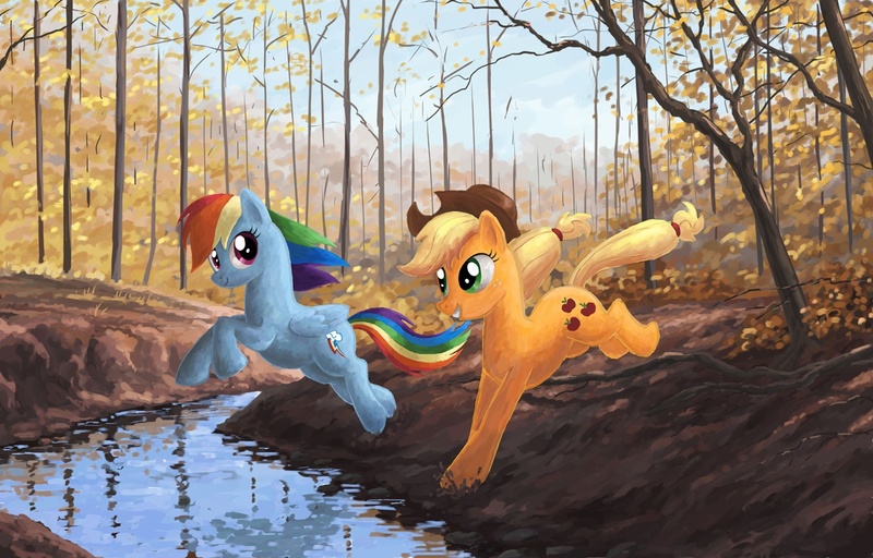 Size: 1250x800 | Tagged: applejack, artist:choedan-kal, autumn, derpibooru import, rainbow dash, safe