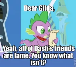 Size: 436x386 | Tagged: suggestive, derpibooru import, edit, edited screencap, screencap, gilda, spike, dragon, gryphon, friendship is magic, caption, image macro, letter, male, quill, spike's love letters, tongue out