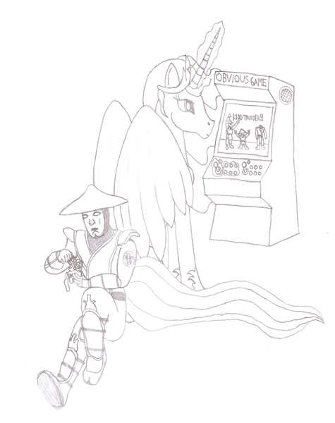 Size: 712x899 | Tagged: safe, artist:php21, derpibooru import, derpy hooves, princess celestia, alicorn, pony, arcade, crossover, female, mare, monochrome, mortal kombat, raiden, relaxing, sitting, toy, video game