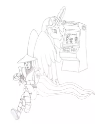 Size: 712x899 | Tagged: safe, artist:php21, derpibooru import, derpy hooves, princess celestia, alicorn, pony, arcade, crossover, female, mare, monochrome, mortal kombat, raiden, relaxing, sitting, toy, video game