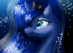 Size: 3008x2160 | Tagged: safe, artist:obsidelle, derpibooru import, princess luna, pony, bust, female, high res, jewelry, mare, portrait, profile, regalia, smiling, solo