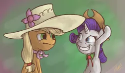 Size: 1703x987 | Tagged: safe, artist:waywardtrail, artist:zestyoranges, derpibooru import, applejack, rarity, accessory swap, female, hat, lesbian, rarijack, shipping