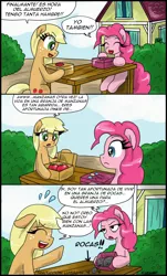 Size: 900x1494 | Tagged: applejack, artist:ciriliko, artist:innuendo88, creeper, derpibooru import, pinkie pie, safe, spanish, translation