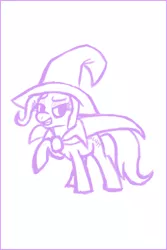 Size: 360x540 | Tagged: safe, artist:ponett, derpibooru import, trixie, pony, unicorn, cape, clothes, female, hat, lidded eyes, mare, monochrome, open mouth, raised hoof, simple background, smiling, solo, trixie's cape, trixie's hat, white background