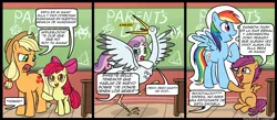 Size: 900x394 | Tagged: apple bloom, applejack, artist:innuendo88, artist:madmax, comic, cutie mark crusaders, derpibooru import, rainbow dash, safe, scootaloo, spanish, stork, sweetie belle, translation