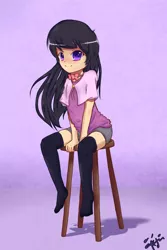 Size: 1000x1500 | Tagged: anime, artist:inkintime, clothes, cute, derpibooru import, humanized, little octavia, looking at you, moe, octavia melody, safe, sitting, smiling, stool, thigh highs, younger