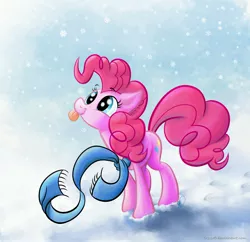 Size: 3500x3392 | Tagged: safe, artist:stratustrot, derpibooru import, pinkie pie, clothes, high res, scarf, snow, snowfall, solo, tongue out