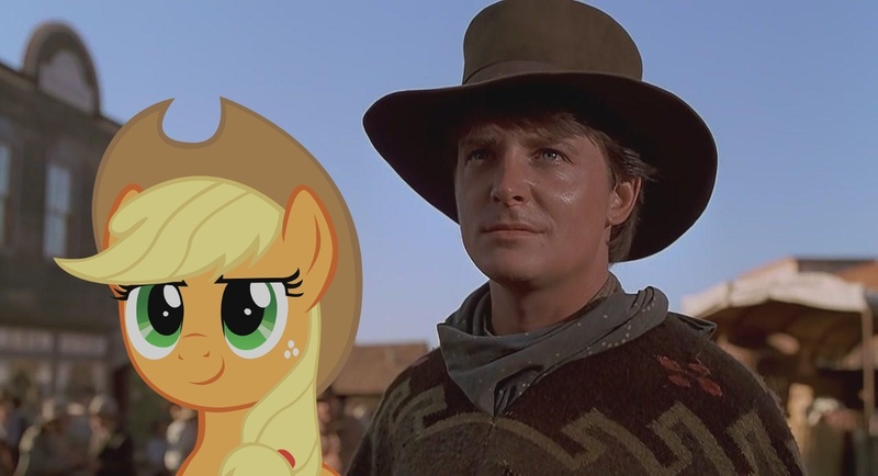 Size: 1280x694 | Tagged: safe, derpibooru import, applejack, human, pony, back to the future, irl, marty mcfly, michael j. fox, photo, ponies in real life, smirk, vector