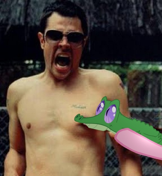 Size: 800x868 | Tagged: derpibooru import, gummy, human, irl, irl human, jackass, johnny knoxville, photo, pinch, pinkie pie, ponies in real life, safe