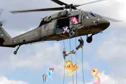 Size: 1092x731 | Tagged: applejack, derpibooru import, floppy ears, fluttershy, flying, frown, helicopter, human, irl, open mouth, photo, pinkie pie, ponies in real life, rainbow dash, rappelling, safe, smiling, soldier, twilight sparkle, uh-60, wide eyes