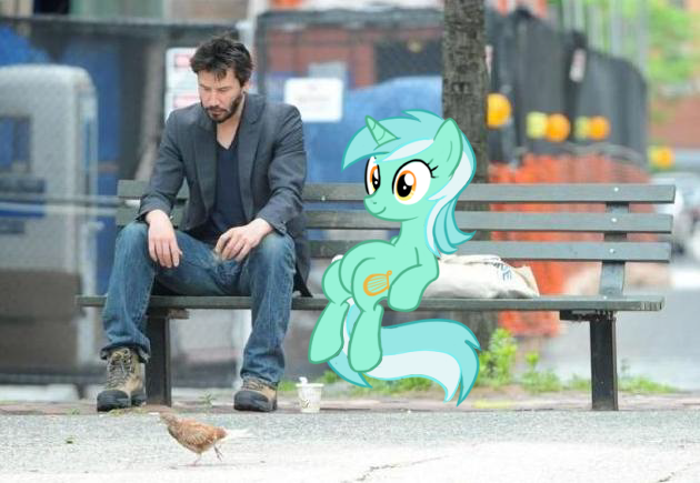 Size: 630x435 | Tagged: safe, derpibooru import, edit, lyra heartstrings, bird, human, pony, artifact, bench, cup, human behavior, irl, irl human, keanu reeves, meme, photo, ponies in real life, sad keanu, sitting, sitting lyra, vector