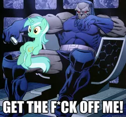 Size: 310x287 | Tagged: censored, darkseid, derpibooru import, image macro, lyra heartstrings, safe, sitting, sitting lyra