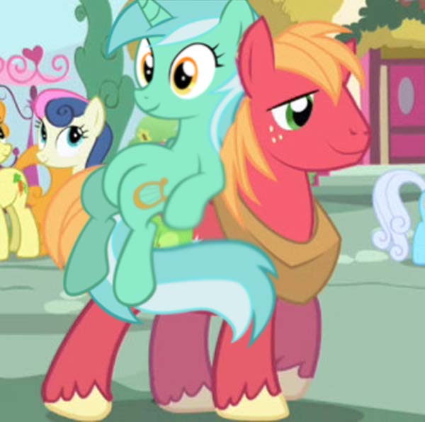 Size: 600x596 | Tagged: safe, derpibooru import, big macintosh, bon bon, carrot top, golden harvest, lyra heartstrings, sweetie drops, earth pony, pony, lyramac, male, ponies riding ponies, riding, sitting, sitting lyra, stallion