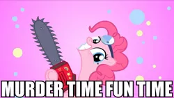 Size: 960x541 | Tagged: chainsaw, derpibooru import, fanfic:cupcakes, image macro, pinkie pie, professor genki's super ethical reality climax, safe, saints row, saints row the third