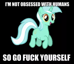 Size: 600x525 | Tagged: derpibooru import, image macro, jumping, looking at you, lyra heartstrings, open mouth, safe, smiling, text, trollbait, vulgar