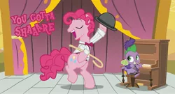 Size: 4001x2153 | Tagged: adoraberry, artist:trotsworth, barb, barbabetes, bubble berry, cute, dancing, derpibooru import, musical instrument, over a barrel, piano, pinkie pie, rule 63, rule63betes, safe, saloon dress, singing, spike, this will end in war