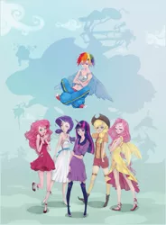 Size: 1093x1485 | Tagged: applejack, artist:mariilear, belly button, clothes, converse, derpibooru import, dress, fluttershy, horned humanization, humanized, mane six, midriff, pinkie pie, rainbow dash, rarity, safe, shoes, skinny, tanktop, twilight sparkle, winged humanization