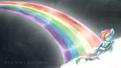 Size: 1920x1080 | Tagged: safe, artist:batlover800, derpibooru import, edit, rainbow dash, pegasus, pony, book, cloud, eyes closed, female, mare, night, pun, rainbow, reading, reading rainboom, sky, smiling, solo, stars, text edit