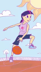 Size: 400x700 | Tagged: artist:kymsnowman, basketball, clothes, derpibooru import, female, human, humanized, ponytail, safe, shoes, sneakers, solo, sports, tanktop, twilight sparkle