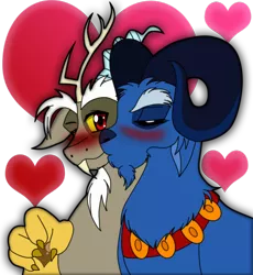 Size: 900x979 | Tagged: artist:garfield141992, blushing, derpibooru import, discord, disgar, g1, gay, grogar, heart, kissing, male, safe, shipping