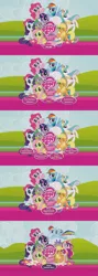 Size: 853x2400 | Tagged: applejack, comparison, derpibooru import, dvd, fim logo, fluttershy, mane six opening poses, menu, my little pony logo, pinkie pie, princess cadance, princess celestia, rainbow dash, rarity, safe, spike, twilight sparkle