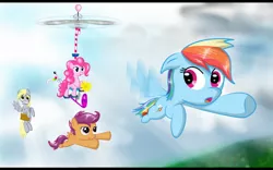 Size: 1680x1050 | Tagged: safe, artist:hereticofdune, derpibooru import, derpy hooves, pinkie pie, rainbow dash, scootaloo, pegasus, pony, female, helicopter, mare, scootaloo can fly