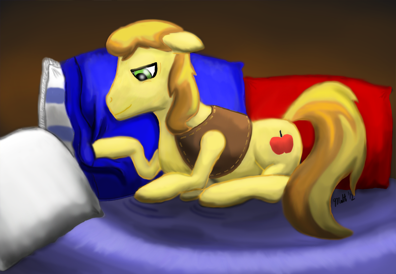 Size: 1065x737 | Tagged: artist:bhiggo, bed, braeburn, comfy, cute, derpibooru import, floppy ears, lidded eyes, pillow, prone, safe, sleepy, smiling, solo