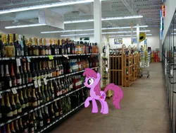 Size: 3072x2304 | Tagged: safe, artist:mumepr, derpibooru import, berry punch, berryshine, earth pony, pony, background pony, female, high res, irl, licking, licking lips, liquor store, mare, photo, ponies in real life, raised hoof, supermarket, that pony sure does love alcohol, tongue out, vector, wine, wine bottle