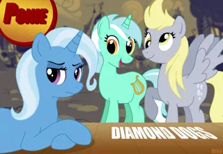 Size: 1126x777 | Tagged: safe, artist:subtlepixel, derpibooru import, derpy hooves, lyra heartstrings, trixie, pegasus, pony, album cover, david bowie, female, mare, serious face, smiling