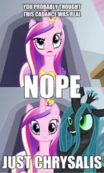 Size: 399x660 | Tagged: caption, changeling, chuck testa, derpibooru import, disguise, disguised changeling, fake cadance, greatest internet moments, princess cadance, queen chrysalis, safe