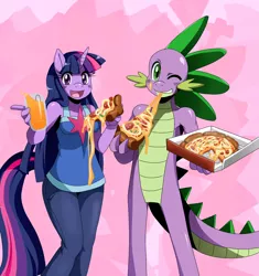 Size: 1024x1088 | Tagged: anthro, artist:ss2sonic, breasts, busty twilight sparkle, derpibooru import, drink, eating, food, meat, pepperoni, pepperoni pizza, pizza, safe, spike, twilight sparkle