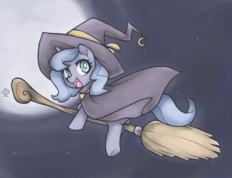 Size: 1439x1105 | Tagged: safe, artist:soulspade, derpibooru import, princess luna, pony, broom, cape, clothes, costume, flying, flying broomstick, full moon, hat, looking back, moon, night, night sky, nightmare night, open mouth, smiling, solo, stars, underhoof, witch, witch hat, woona