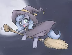 Size: 1439x1105 | Tagged: safe, artist:soulspade, derpibooru import, princess luna, pony, broom, cape, clothes, costume, flying, flying broomstick, full moon, hat, looking back, moon, night, night sky, nightmare night, open mouth, smiling, solo, stars, underhoof, witch, witch hat, woona