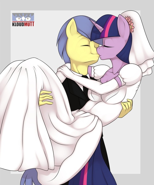 Size: 1280x1536 | Tagged: anthro, artist:kloudmutt, background pony, clothes, cometlight, comet tail, derpibooru import, dress, female, kissing, male, safe, shipping, straight, twilight sparkle, wedding, wedding dress