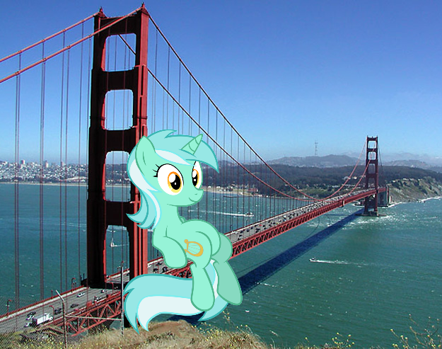 Size: 625x493 | Tagged: safe, derpibooru import, lyra heartstrings, pony, giant pony, golden gate bridge, highrise ponies, irl, meme, photo, ponies in real life, san francisco, sitting, sitting lyra, vector