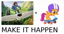 Size: 1100x592 | Tagged: safe, derpibooru import, scootaloo, all caps, anime, exploitable meme, glider, make it happen, meme, meta, nausicaa of the valley of the wind