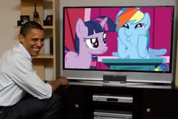 Size: 500x334 | Tagged: american presidents, barack obama, dashface, derpibooru import, photo, politics, rainbow dash, safe, twilight sparkle, wub