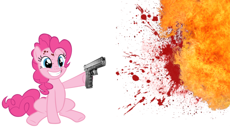 Size: 1600x900 | Tagged: semi-grimdark, derpibooru import, pinkie pie, earth pony, pony, blood, boom, epic, explosion, female, fireball, fourth wall destruction, gun, insanity, mare, pew pew, smiling, solo, weapon, who needs trigger fingers