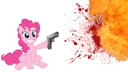Size: 1600x900 | Tagged: semi-grimdark, derpibooru import, pinkie pie, earth pony, pony, blood, boom, epic, explosion, female, fireball, fourth wall destruction, gun, insanity, mare, pew pew, smiling, solo, weapon, who needs trigger fingers