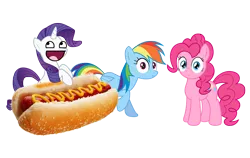 Size: 1107x701 | Tagged: safe, derpibooru import, pinkie pie, rainbow dash, rarity, awesome face, hot dog, photoshop, random, strange moment, wat